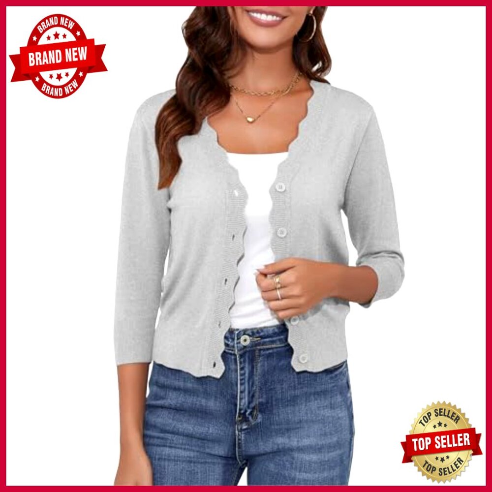 Lightweight Cropped Cardigan 3/4 Sleeve Button Down V-Neck Shrug - Picture 2 of 4